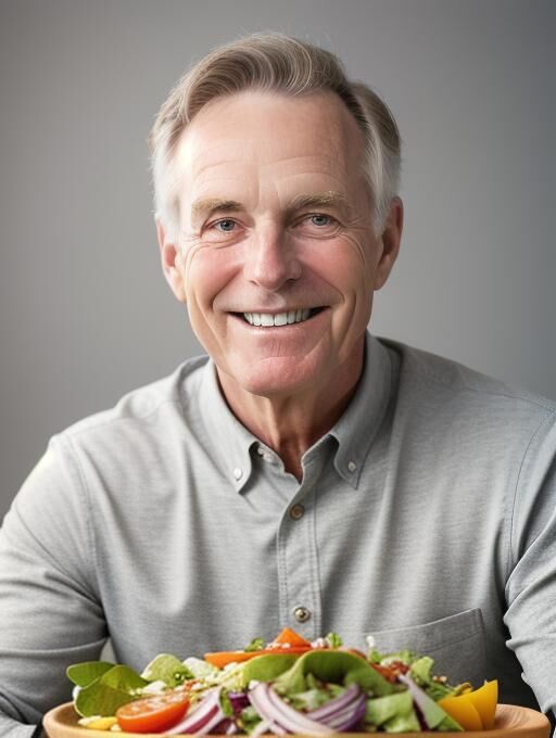 A healthy older man smiles while eating a plate of vegetables