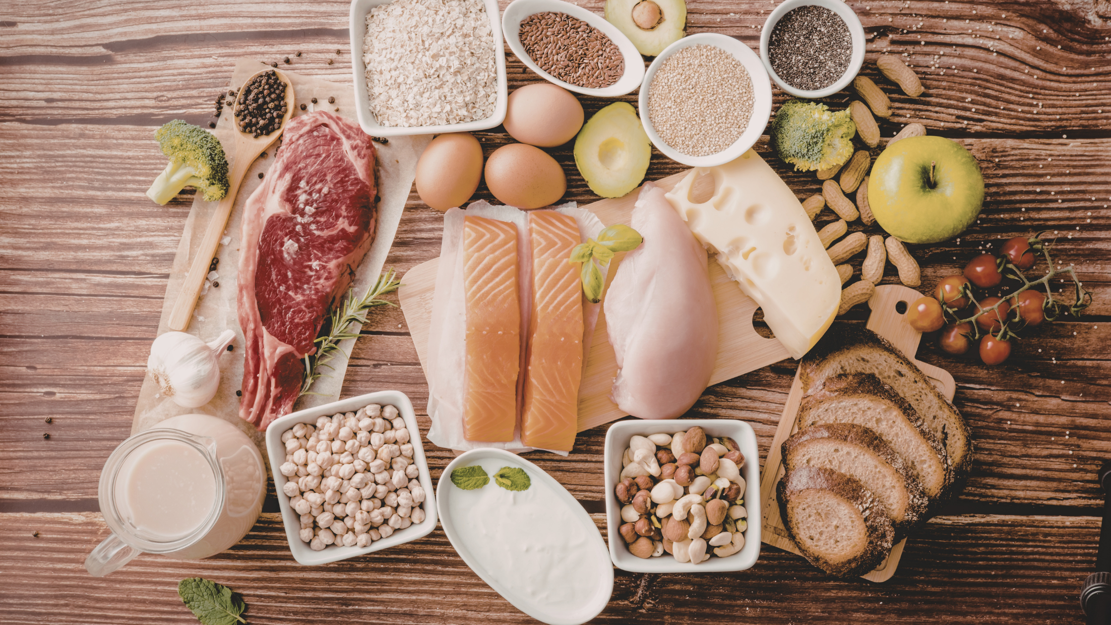 A table full of food with longevity nutrients for aging