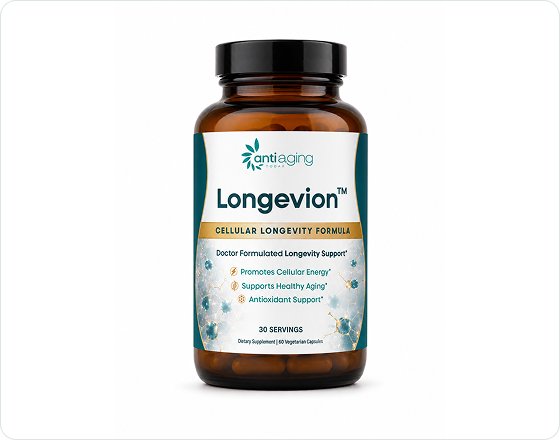 A bottle of Longevion longevity supplement by Anti-Aging Today with NMN, CoQ10, magnesium and more