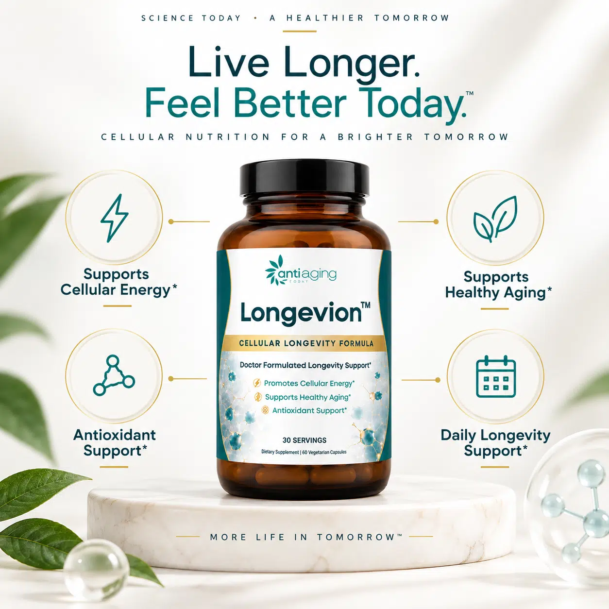Longevion capsules and bottle in a lifestyle setting